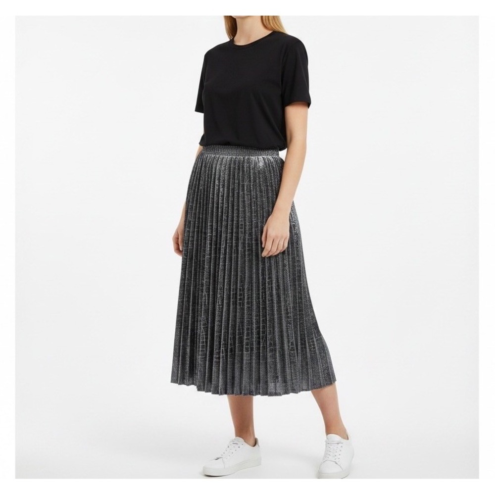 Vintage 90s Metallic Maxi Skirt Womens 16 Black Silver Croc Pleated USA